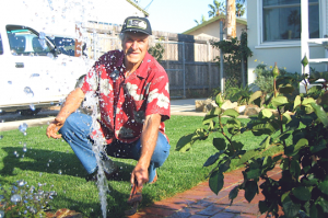 a Roseville sprinkler repair technician surveys a broken head